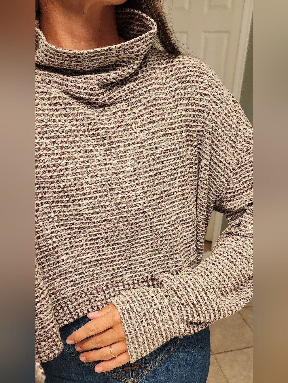 Free People Thin Waffle Knit Crop Mock Neck In Brown Tones Size L Fall Vibes